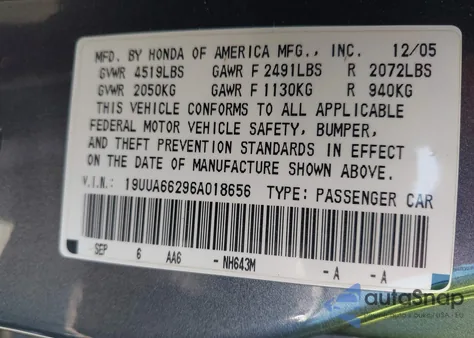 2006 Acura Tl из США, поврежденный, VIN 19UUA66296A018656